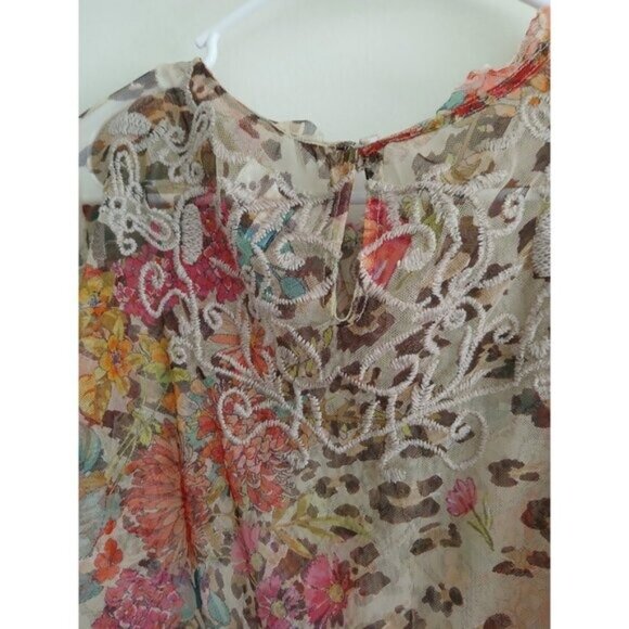 Johnny Was Womens L Boho Floral Sheer Embroidered Multicolor Short Sleeve Blouse - Picture 7 of 7